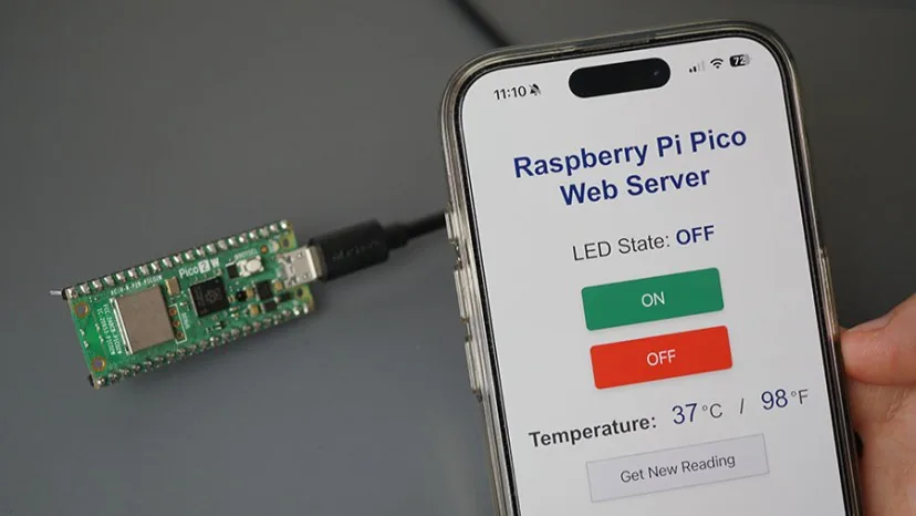 Resultado final: panel web con botones ON/OFF y temperatura, servido por el Pico W desde el filesystem