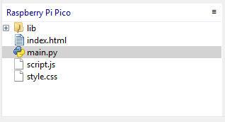 Los 4 archivos guardados en el filesystem del Pico, vistos desde Thonny