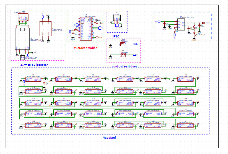 Esquema de conexiones del reloj: Arduino, RTC DS3231, cadena de LEDs y pulsadores