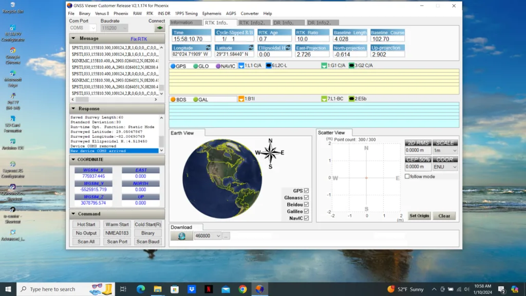 GNSS Viewer mostrando el estado Fix RTK, con la posición resuelta a precisión centimétrica