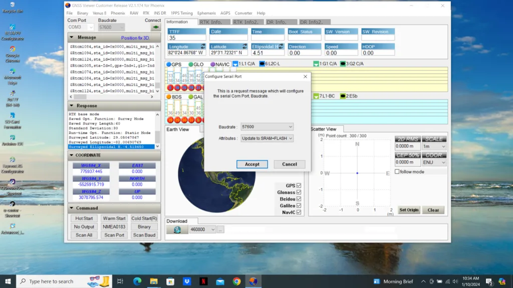 Pantalla del GNSS Viewer configurando la velocidad del pin TX a 57.600 baudios