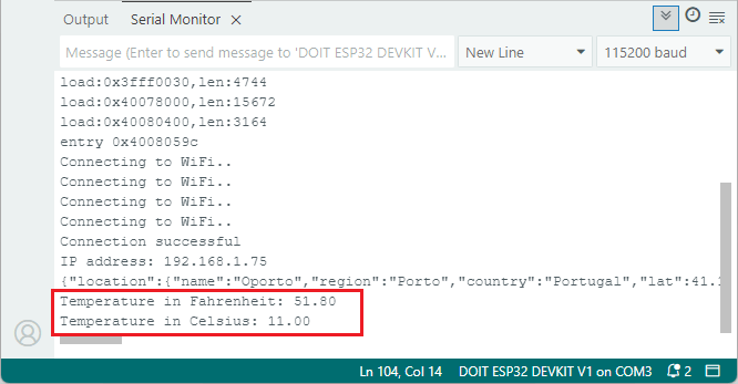 Monitor Serial del Arduino IDE mostrando la conexión WiFi, la IP asignada y la temperatura en Celsius y Fahrenheit que devuelve la WeatherAPI