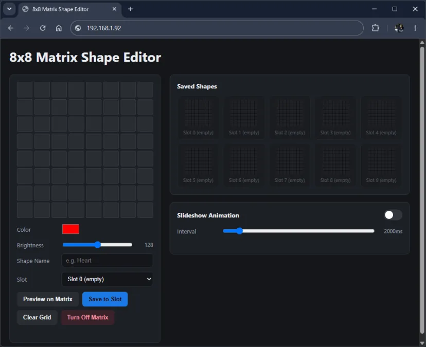 Editor web con la grilla de 8×8 vacía, el selector de color y el control de brillo
