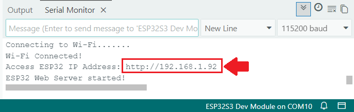 Monitor Serial del IDE de Arduino mostrando la dirección IP del ESP32