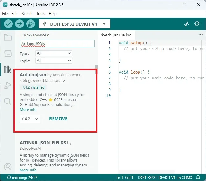 Instalación de la librería ArduinoJSON desde el Gestor de Librerías del IDE de Arduino