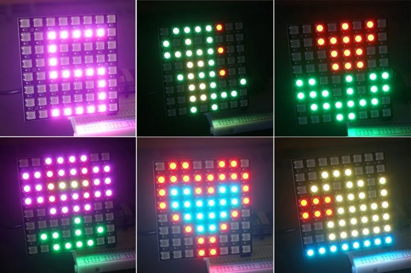 Matriz LED 8×8 WS2812B mostrando figuras de colores creadas desde el editor web