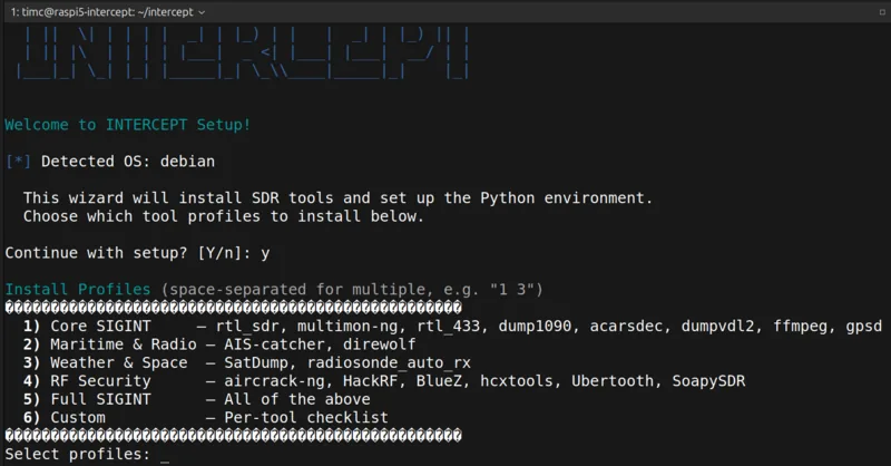 Asistente de instalación de iNTERCEPT mostrando los perfiles de herramientas SDR a elegir