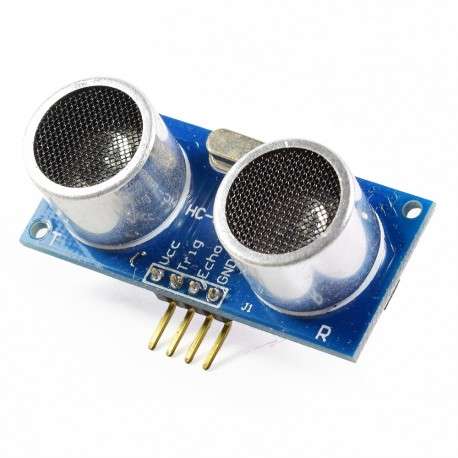 Sensor ultrasonico HC SR04 del catalogo de MechatronicStore con sus pines Vcc, Trig, Echo y Gnd visibles