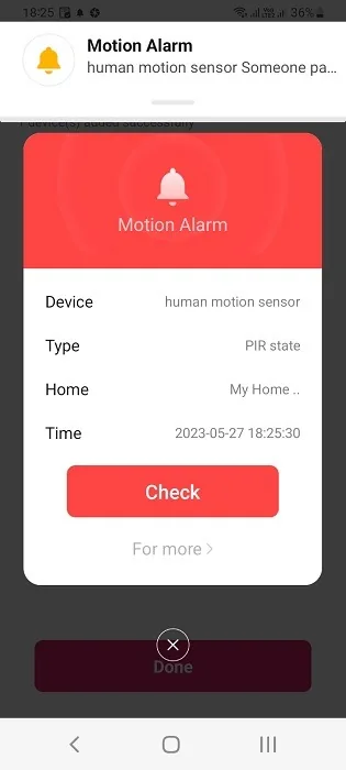 Notificación de alarma de movimiento en el celular