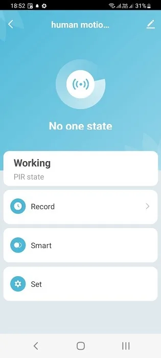 Pantalla de app mostrando el estado PIR funcionando