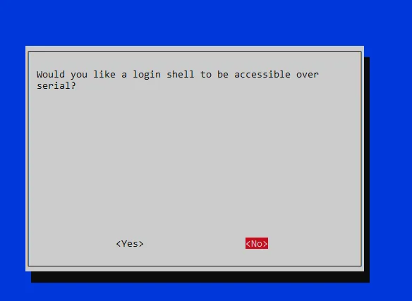 Pantalla de raspi config preguntando si quieres una consola de login por serial, con No seleccionado