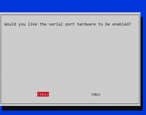 Pantalla de raspi config preguntando si quieres habilitar el hardware del puerto serial, con Si seleccionado
