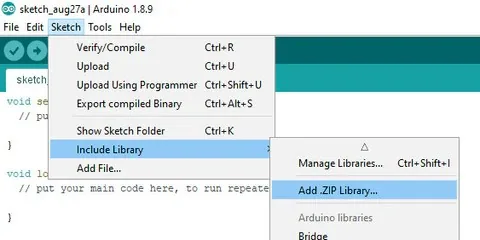 Menú del IDE de Arduino en Sketch, Include Library, Add .ZIP Library para instalar VirtualWire