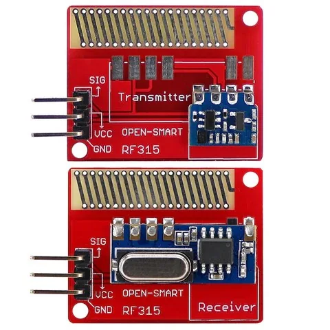 Par de módulos RF 315 MHz con placas transmisor y receptor rotuladas SIG, VCC y GND