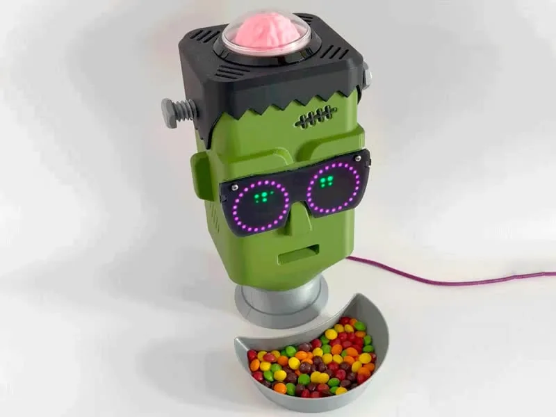 Dispensador de dulces para Halloween con ojos LED y servo continuo