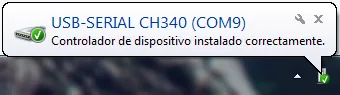 Notificación de Windows confirmando que el dispositivo CH340 se instaló en COM9