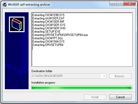 El instalador autoextraíble descomprimiendo los archivos del driver CH340