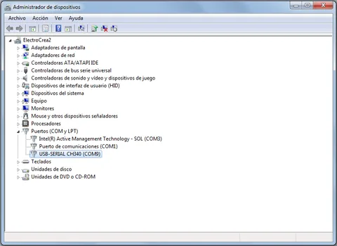 Administrador de dispositivos de Windows mostrando USB SERIAL CH340 en el puerto COM9