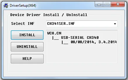 Ventana DriverSetup del CH340 con el botón INSTALL