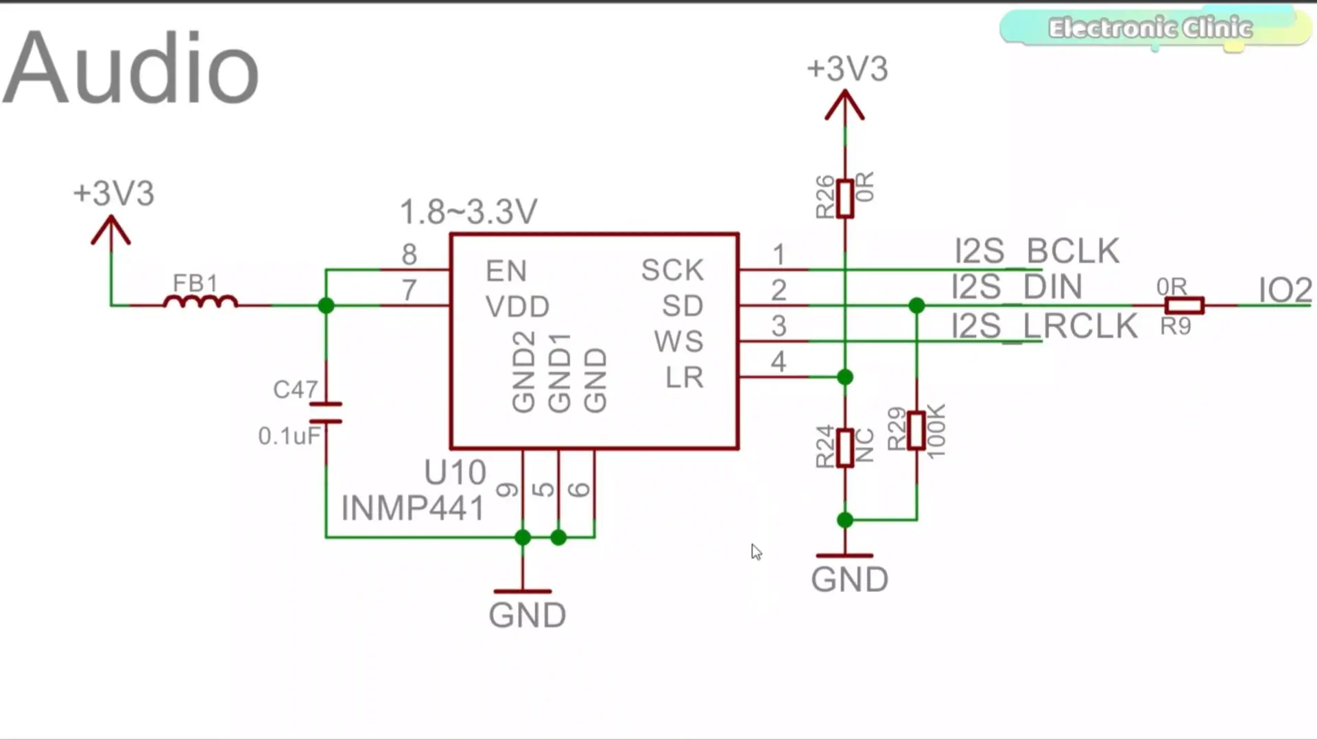 Sub esquemático del micrófono I2S INMP441 con las líneas BCLK, DIN y LRCLK hacia el ESP32-S3