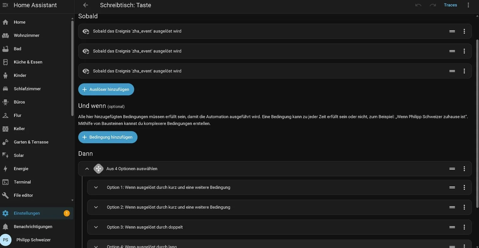 Automatización del botón Zigbee en el editor de Home Assistant, con tres disparadores zha_event y cuatro opciones