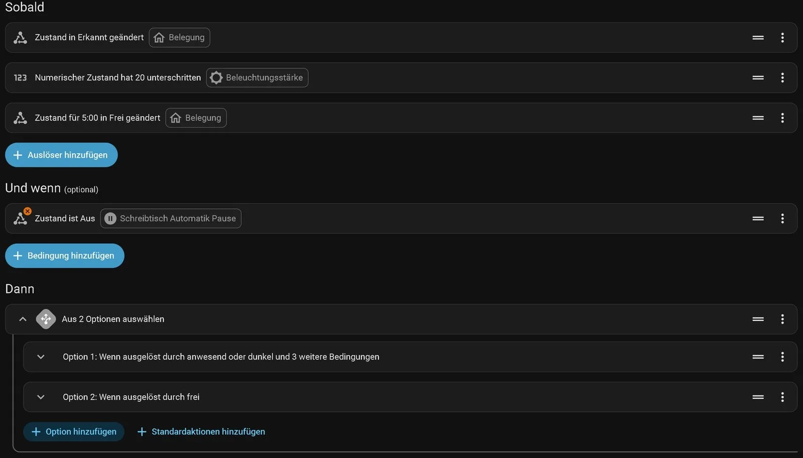 Automatización de luz del escritorio por presencia en el editor de Home Assistant, con tres disparadores y dos opciones