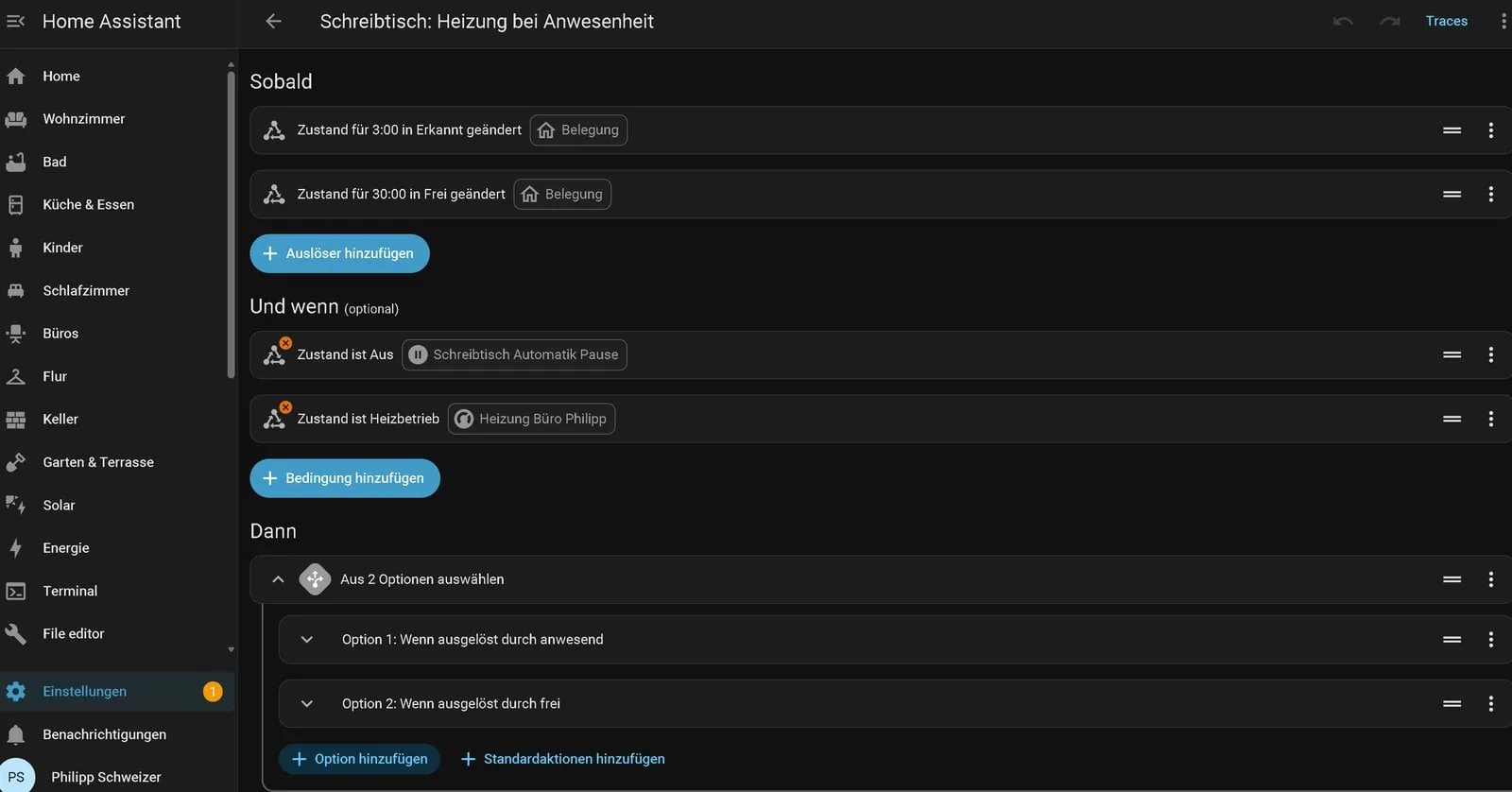 Automatización de calefacción por presencia en el editor de Home Assistant, con los disparadores de 3 minutos ocupado y 30 minutos libre