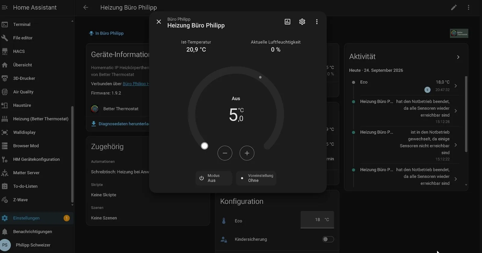 Better Thermostat de la oficina en Home Assistant, con el campo Eco en 18 grados