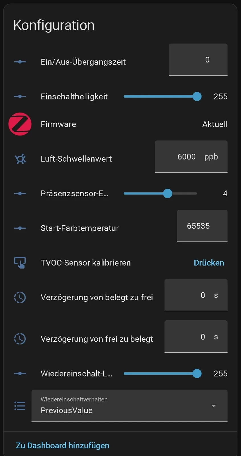 Tarjeta de configuración del R3 en Home Assistant con la sensibilidad del sensor de presencia, el umbral de aire, los retardos y la calibración del TVOC