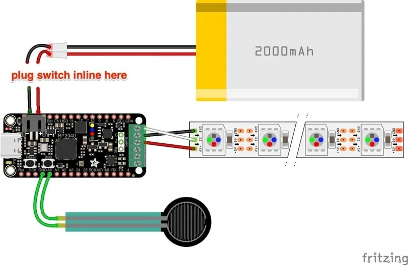 Diagrama de conexión de la placa RP2040 Feather con la tira NeoPixel, el FSR y la batería LiPo