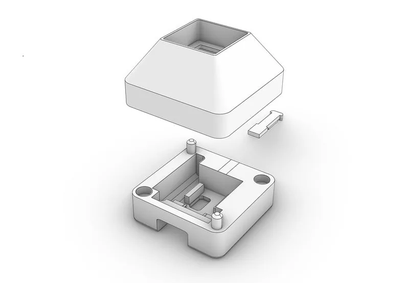 Render 3D de la carcasa del One Key: base y tapa separadas