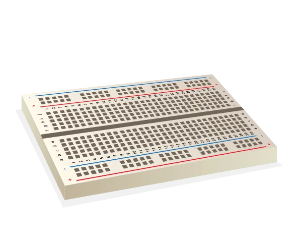Protoboard con sus rieles de alimentacion y filas de conexion