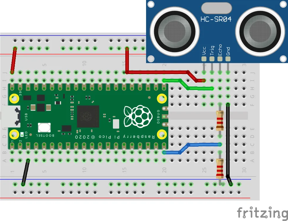 Diagrama de conexión del HC SR04 a la Raspberry Pi Pico con el divisor de tensión de dos resistencias