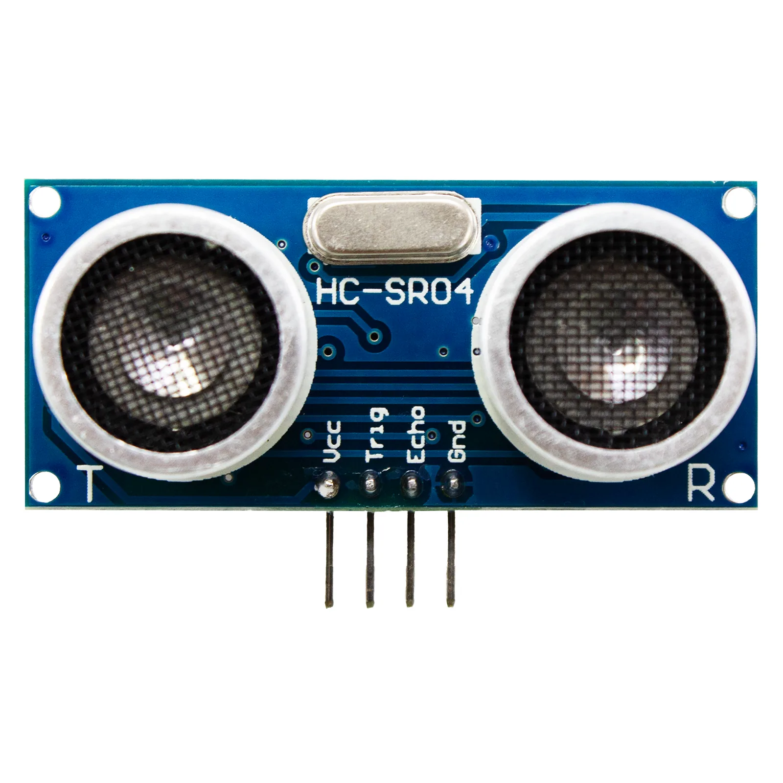 Sensor ultrasónico HC SR04 con sus cuatro pines Vcc, Trig, Echo y Gnd