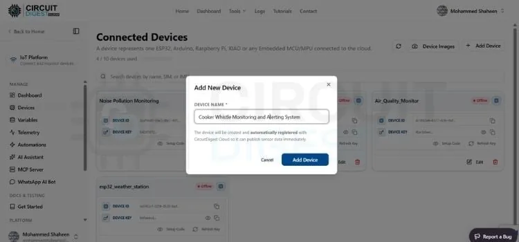 Formulario para agregar un nuevo dispositivo en el dashboard de CircuitDigest Cloud