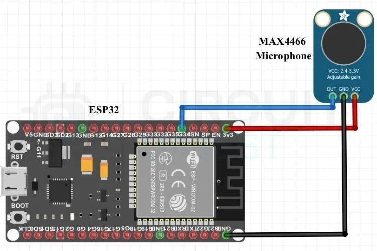 Diagrama de conexión del contador de silbatos con ESP32 y micrófono MAX4466