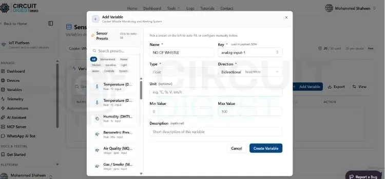 Ventana para agregar una nueva variable en CircuitDigest Cloud
