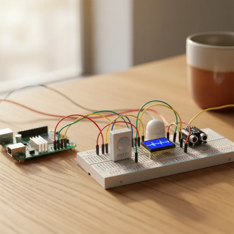Raspberry Pi conectado a una protoboard con cables, en un montaje de escritorio
