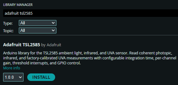 Gestor de bibliotecas del Arduino IDE con la búsqueda de Adafruit TSL2585