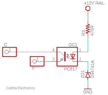 Esquema de la variante simple con diodo zener 1N4741A y PC817 para vigilar un riel de 12V