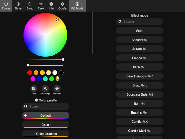 Captura del controlador de WLED con la rueda de color y la lista de efectos