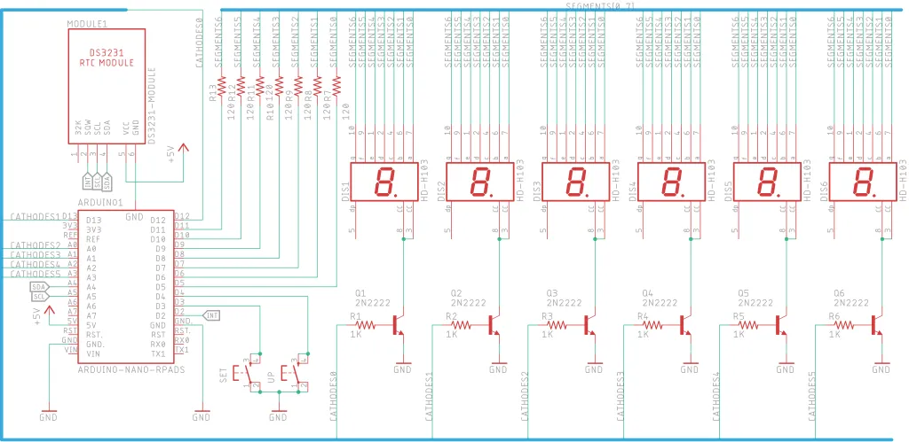 Diagrama esquemático del reloj con Arduino Nano, DS3231, 6 displays y transistores 2N2222