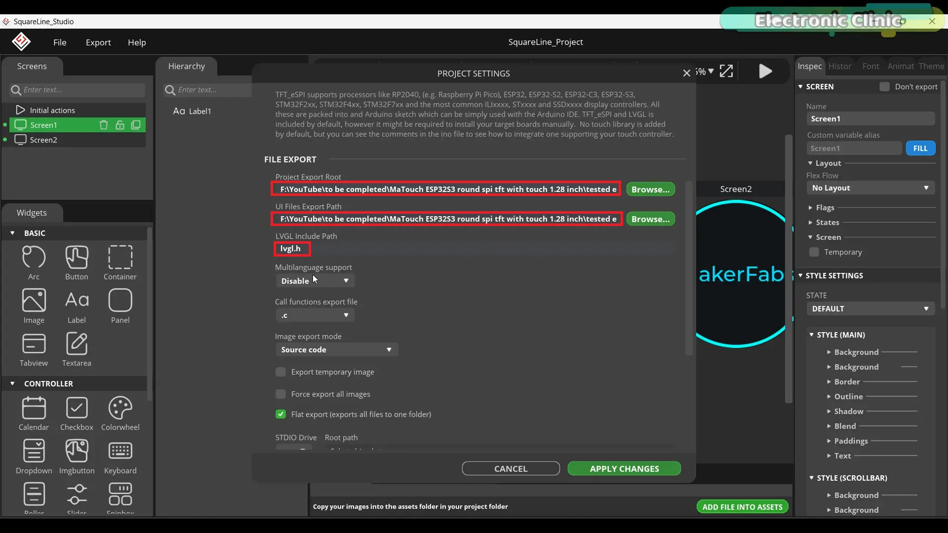 Rutas de exportación configuradas en SquareLine Studio con la ruta de inclusión de LVGL