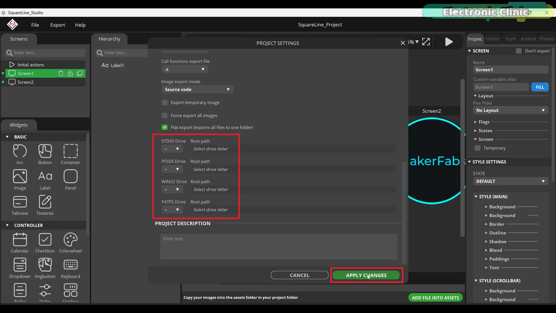 Botón Apply Changes en los ajustes de proyecto de SquareLine Studio