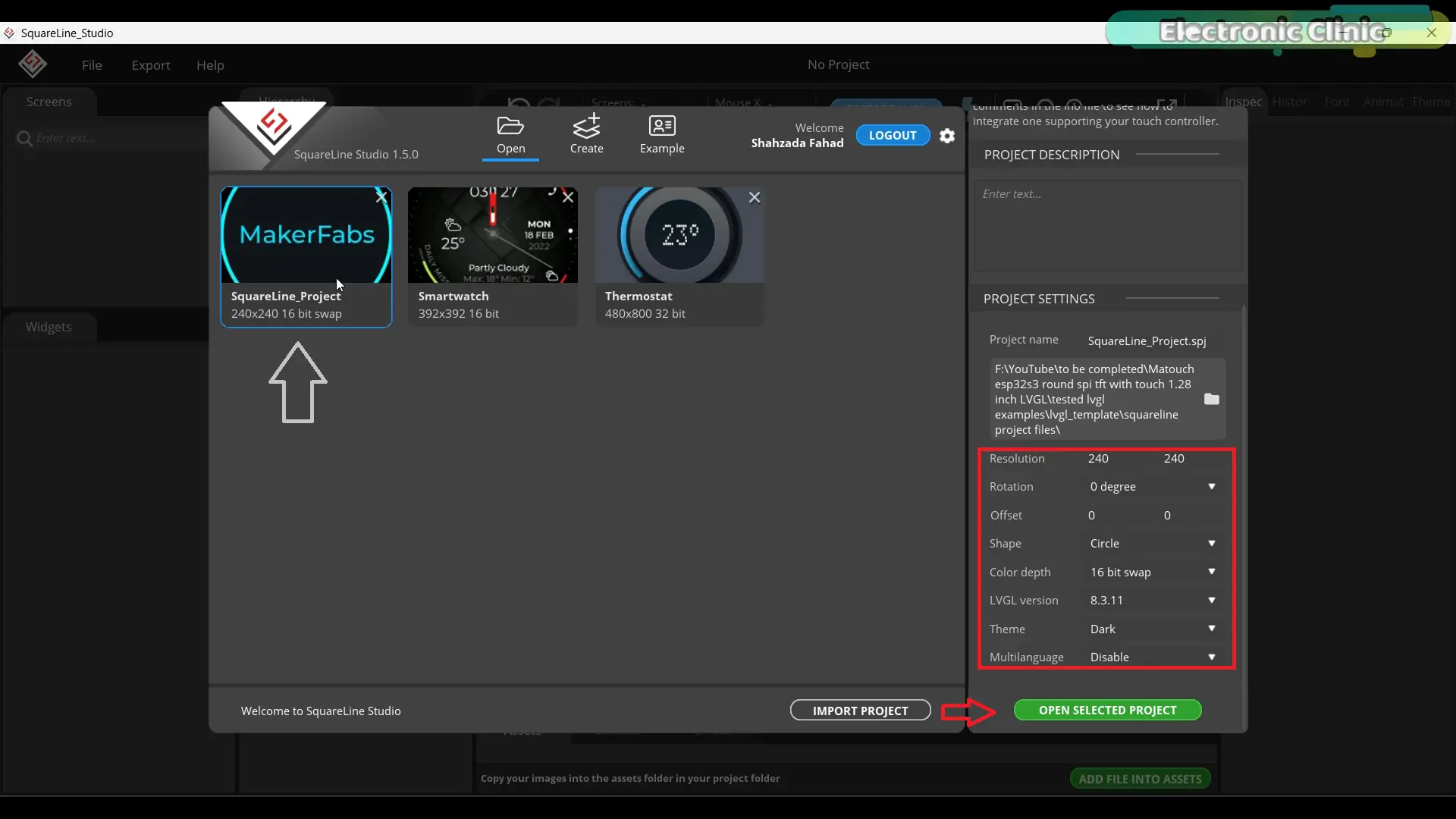 Ajustes del proyecto en SquareLine Studio configurados para una pantalla redonda ESP32-S3
