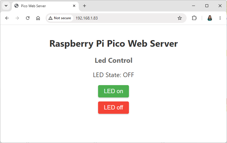 Página web servida por la Raspberry Pi Pico con botones de control de salida
