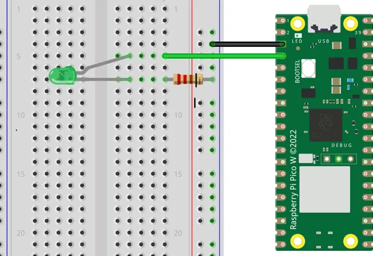 Diagrama de conexión de la Raspberry Pi Pico con LED en GPIO 2