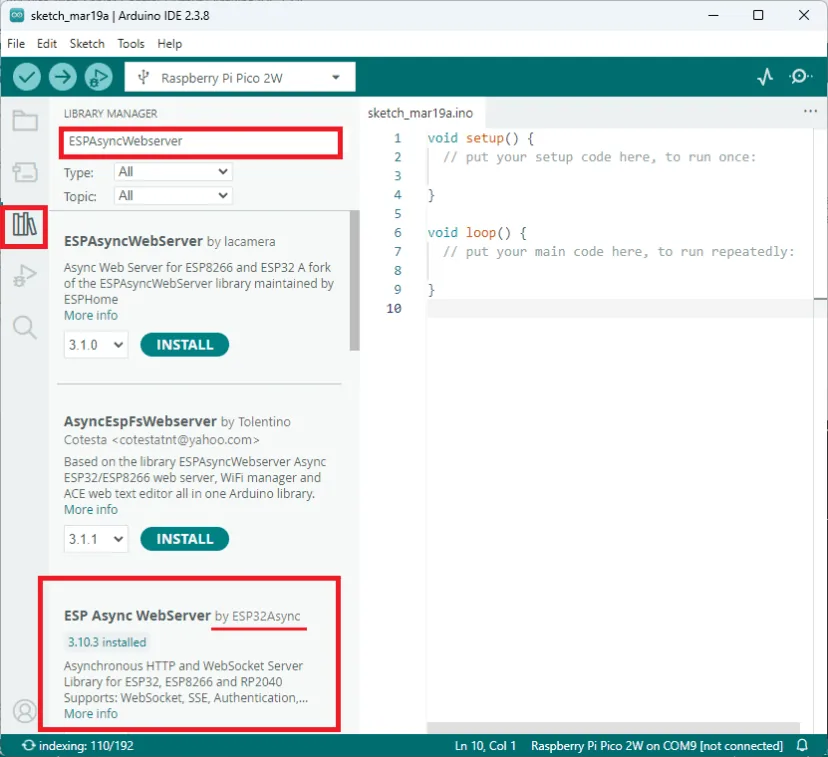Instalar la librería ESPAsyncWebServer en el IDE de Arduino