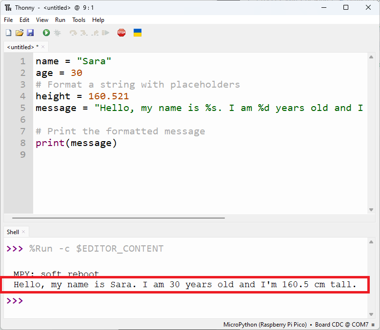 Salida en Thonny del operador porcentaje corriendo en MicroPython sobre Raspberry Pi Pico
