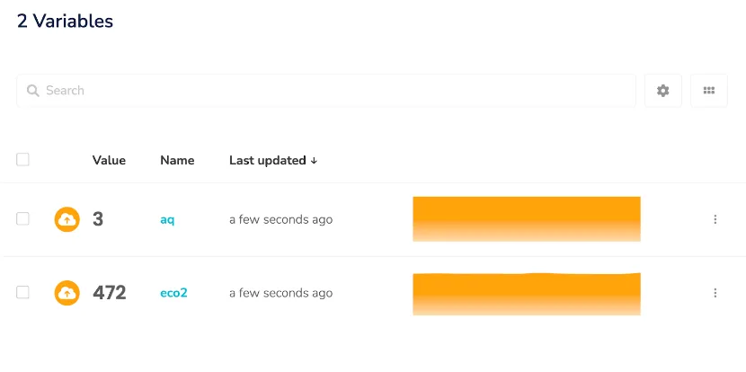 Variables de calidad de aire poblándose en el dashboard de Ubidots